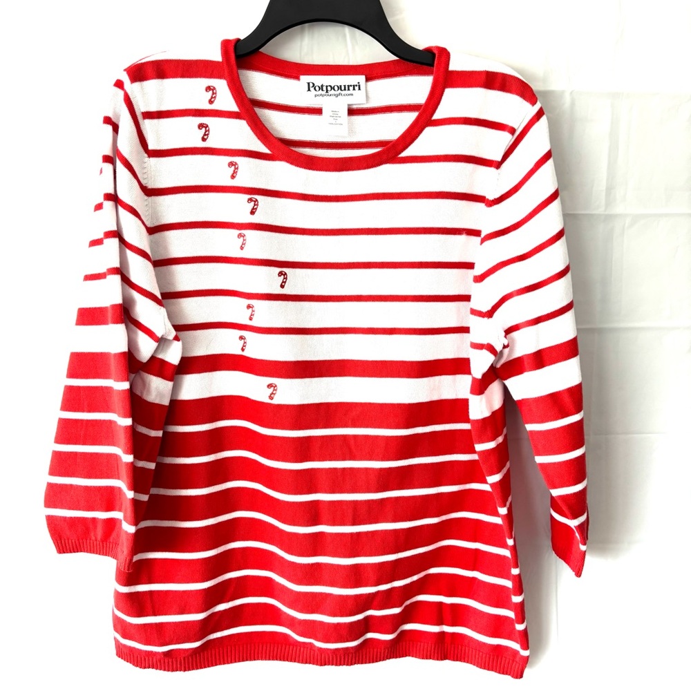 NWOT Potpourri Red  White Striped Candy Cane Crewneck Cotton Sweater SZ L